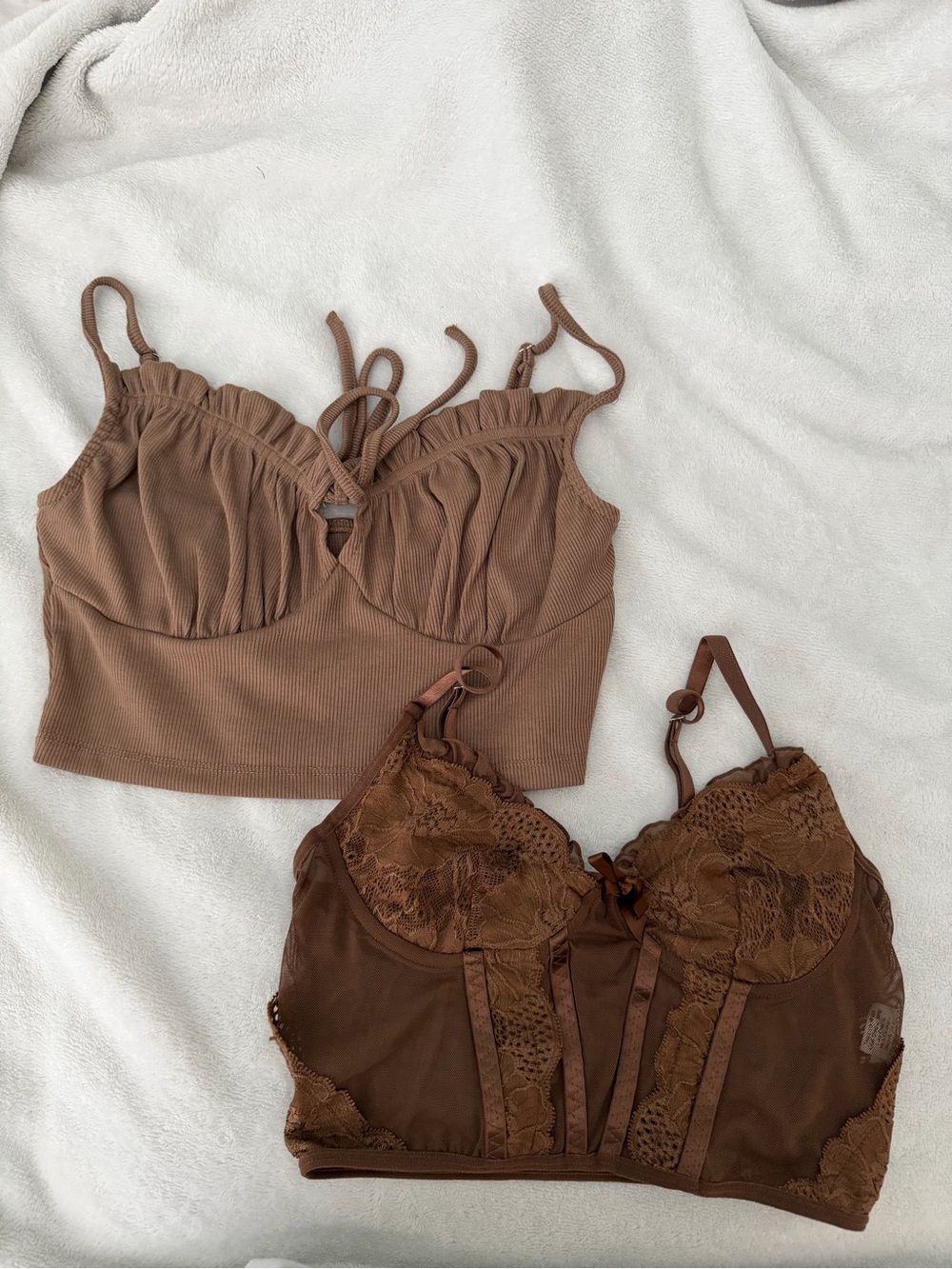 Brown Lace & Ribbed Tank Top Set - SHEIN TOP SIZE SMALL